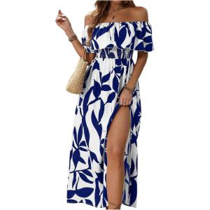 imageMakeMeChic Womens Floral Print Boho Dress Off Shoulder Shirred Split Thigh Midi Long DressesBblue and White