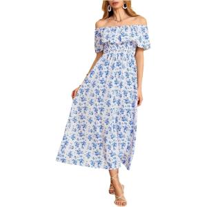 imageMakeMeChic Womens Floral Print Boho Dress Off Shoulder Shirred Split Thigh Midi Long DressesBlue and White
