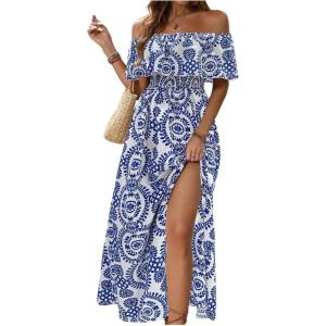 imageMakeMeChic Womens Floral Print Boho Dress Off Shoulder Shirred Split Thigh Midi Long DressesBmulticolor