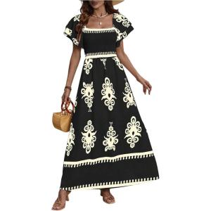 imageMakeMeChic Womens Floral Print Layered Short Sleeve Square Neck Ruffle High Waist A Line Summer Long DressBlack
