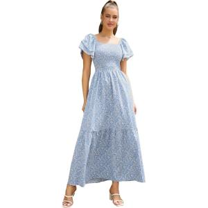 imageMakeMeChic Womens Floral Print Layered Short Sleeve Square Neck Ruffle High Waist A Line Summer Long DressBlue B