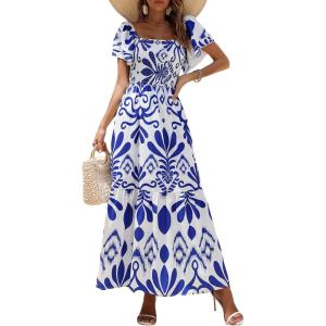 imageMakeMeChic Womens Floral Print Layered Short Sleeve Square Neck Ruffle High Waist A Line Summer Long DressBlue and White
