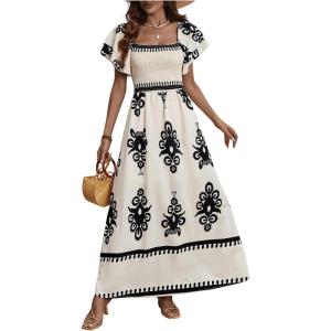 imageMakeMeChic Womens Floral Print Layered Short Sleeve Square Neck Ruffle High Waist A Line Summer Long DressMulticolor