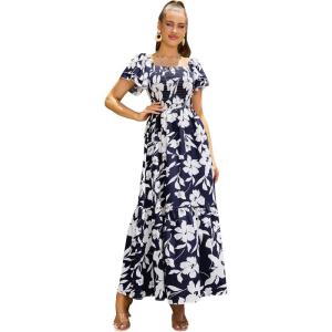 imageMakeMeChic Womens Floral Print Layered Short Sleeve Square Neck Ruffle High Waist A Line Summer Long DressNavy Blue