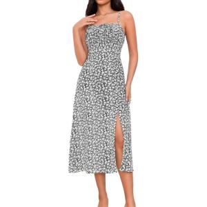 imageMakeMeChic Womens Floral Summer Dress Spaghetti Strap Tie Front Split Cami Midi DressBlack Aa