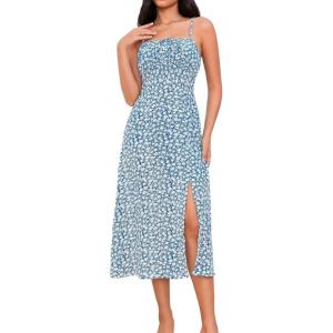 imageMakeMeChic Womens Floral Summer Dress Spaghetti Strap Tie Front Split Cami Midi DressBlue Aa