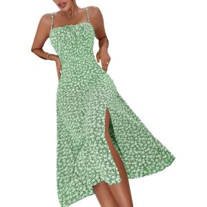 imageMakeMeChic Womens Floral Summer Dress Spaghetti Strap Tie Front Split Cami Midi DressGreen