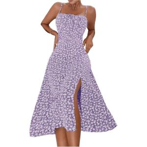 imageMakeMeChic Womens Floral Summer Dress Spaghetti Strap Tie Front Split Cami Midi DressPurple