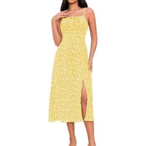 imageMakeMeChic Womens Floral Summer Dress Spaghetti Strap Tie Front Split Cami Midi DressYellow