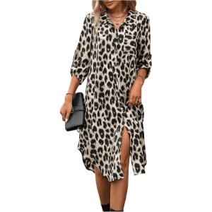 imageMakeMeChic Womens Leopard Print Dress Button Front 34 Roll Sleeve Collared Midi DressesBrown