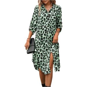 imageMakeMeChic Womens Leopard Print Dress Button Front 34 Roll Sleeve Collared Midi DressesGreen
