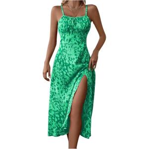 imageMakeMeChic Womens Leopard Print Sleeveless Summer Dress Spaghetti Strap Split Midi Cami SundressesGreen