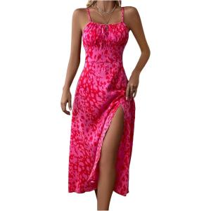 imageMakeMeChic Womens Leopard Print Sleeveless Summer Dress Spaghetti Strap Split Midi Cami SundressesPink