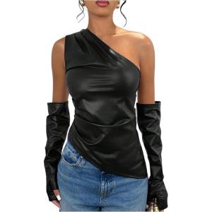 imageMakeMeChic Womens One Shoulder Leather Blouse Asymmetrical Hem Tops with Arm Warmer SetBlack