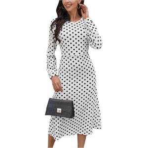 imageMakeMeChic Womens Polka Dots Dress Long Sleeve High Waist A Line Midi DressesBlack and White
