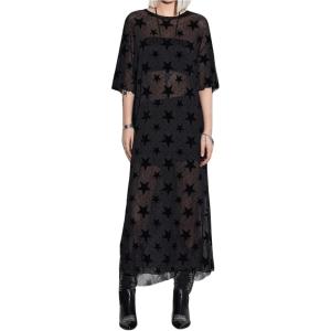 imageMakeMeChic Womens Star Pattern Mesh Sheer Midi Dress Half Sleeve Round Neck Slit Hem Tee DressesBlack