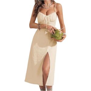 imageMakeMeChic Womens Tie Back Summer Dress Sleeveless Split Thigh Spaghetti Strap Midi Cami DressApricot