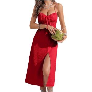 imageMakeMeChic Womens Tie Back Summer Dress Sleeveless Split Thigh Spaghetti Strap Midi Cami DressRed