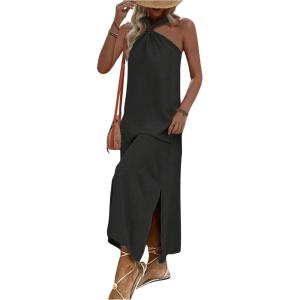 imageMakeMeChic Womens Twist Knot Sleeveless Halter Cami Dress Loose Long Maxi Sun DressBlack
