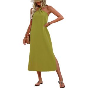 imageMakeMeChic Womens Twist Knot Sleeveless Halter Cami Dress Loose Long Maxi Sun DressGreen