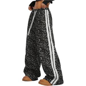 imageMakeMeChic Womens Womens Leopard Pants Side Stripe Cheetah Print Sweatpants Y2K Elastic Waist Straight Leg PantsGrey