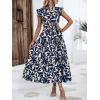 imageMakeMeChic Womens Casual Floral Print Belted High Waisted A Line Layered Dress Ruffle Cap Sleeve Maxi Long DressBlue and White