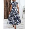 imageMakeMeChic Womens Casual Floral Print Belted High Waisted A Line Layered Dress Ruffle Cap Sleeve Maxi Long DressBlue and White
