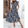 imageMakeMeChic Womens Casual Floral Print Belted High Waisted A Line Layered Dress Ruffle Cap Sleeve Maxi Long DressBlue and White