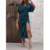 imageMakeMeChic Womens High Waist Belted Shirt Dress High Split Printed Collar Neck Short Sleeve Midi DressBlue and Green