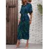 imageMakeMeChic Womens High Waist Belted Shirt Dress High Split Printed Collar Neck Short Sleeve Midi DressBlue and Green