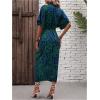 imageMakeMeChic Womens High Waist Belted Shirt Dress High Split Printed Collar Neck Short Sleeve Midi DressBlue and Green