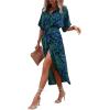 imageMakeMeChic Womens High Waist Belted Shirt Dress High Split Printed Collar Neck Short Sleeve Midi DressBlue and Green