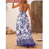 imageMakeMeChic Womens Summer Blue and White Floral Dress Boho Backless Maxi Sundress Spaghetti Strap Flowy DressBlue