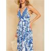 imageMakeMeChic Womens Summer Blue and White Floral Dress Boho Backless Maxi Sundress Spaghetti Strap Flowy DressBlue and White