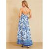 imageMakeMeChic Womens Summer Blue and White Floral Dress Boho Backless Maxi Sundress Spaghetti Strap Flowy DressBlue and White