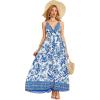 imageMakeMeChic Womens Summer Blue and White Floral Dress Boho Backless Maxi Sundress Spaghetti Strap Flowy DressBlue and White