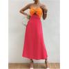 imageMakeMeChic Womens Twist Front Colorblock Tube Dress Cut Out Shirred Sleeveless Strapless Flared Maxi DressOrange and Red