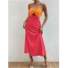 imageMakeMeChic Womens Twist Front Colorblock Tube Dress Cut Out Shirred Sleeveless Strapless Flared Maxi DressOrange and Red