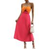 imageMakeMeChic Womens Twist Front Colorblock Tube Dress Cut Out Shirred Sleeveless Strapless Flared Maxi DressOrange and Red
