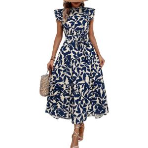 imageMakeMeChic Womens Casual Floral Print Belted High Waisted A Line Layered Dress Ruffle Cap Sleeve Maxi Long DressBlue and White