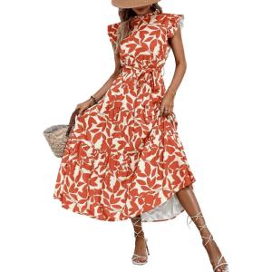 imageMakeMeChic Womens Casual Floral Print Belted High Waisted A Line Layered Dress Ruffle Cap Sleeve Maxi Long DressOrange
