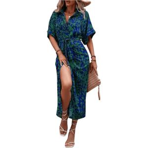 imageMakeMeChic Womens High Waist Belted Shirt Dress High Split Printed Collar Neck Short Sleeve Midi DressBlue and Green