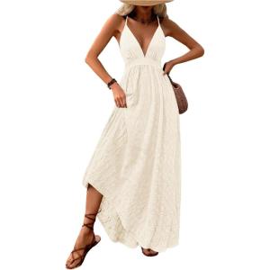 imageMakeMeChic Womens Summer Blue and White Floral Dress Boho Backless Maxi Sundress Spaghetti Strap Flowy DressApricot