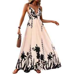 imageMakeMeChic Womens Summer Blue and White Floral Dress Boho Backless Maxi Sundress Spaghetti Strap Flowy DressApricot B