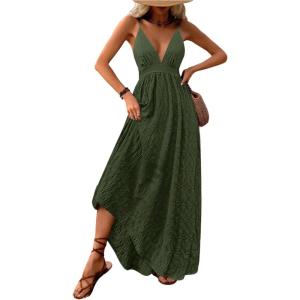 imageMakeMeChic Womens Summer Blue and White Floral Dress Boho Backless Maxi Sundress Spaghetti Strap Flowy DressArmy Green
