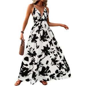 imageMakeMeChic Womens Summer Blue and White Floral Dress Boho Backless Maxi Sundress Spaghetti Strap Flowy DressBlack and White