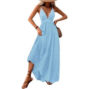 imageMakeMeChic Womens Summer Blue and White Floral Dress Boho Backless Maxi Sundress Spaghetti Strap Flowy DressBlue a