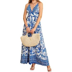 imageMakeMeChic Womens Summer Blue and White Floral Dress Boho Backless Maxi Sundress Spaghetti Strap Flowy DressBlue and White