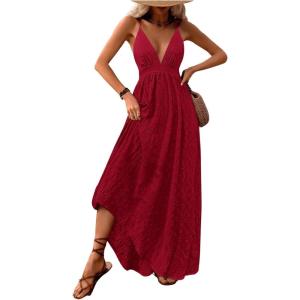 imageMakeMeChic Womens Summer Blue and White Floral Dress Boho Backless Maxi Sundress Spaghetti Strap Flowy DressBurgundy