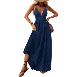 imageMakeMeChic Womens Summer Blue and White Floral Dress Boho Backless Maxi Sundress Spaghetti Strap Flowy DressDark Blue